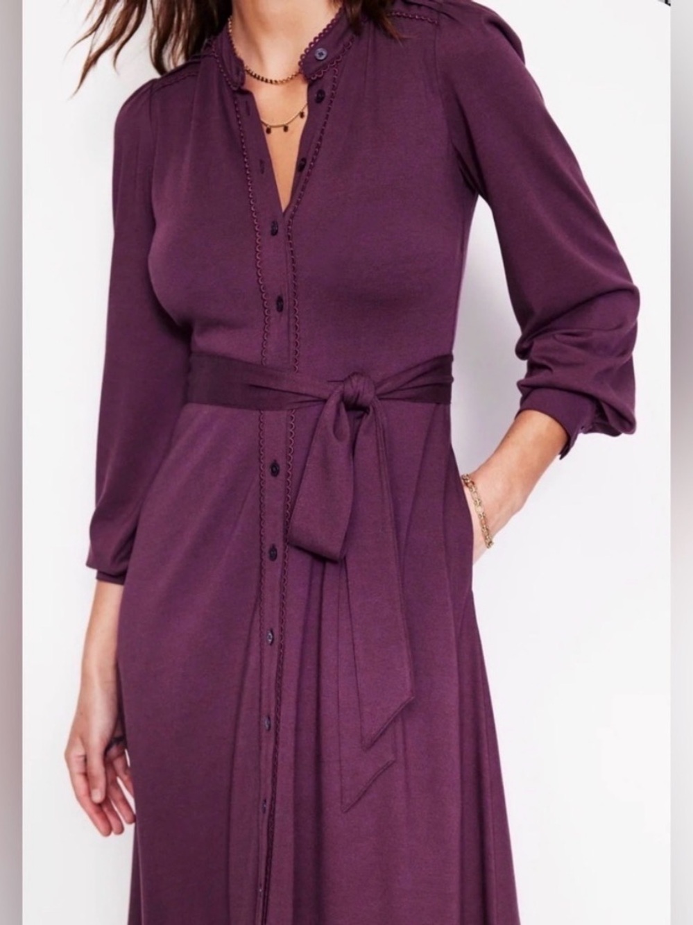 Boden Plum Long-Sleeve Button-Front Tie-Waist Dress